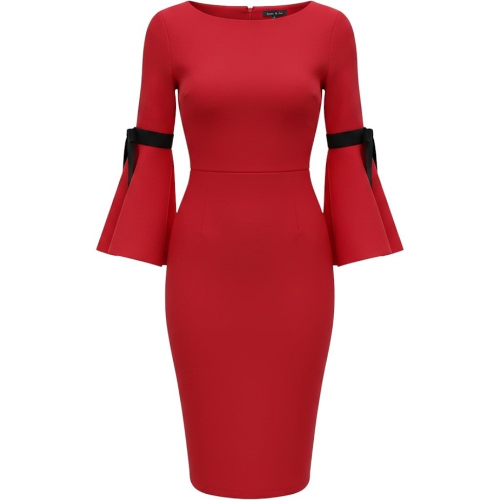 Sami & Jo Red Bell Sleeve Bow Sheath Dress Women's 8 Boat Neck Knee Length - Picture 1 of 8